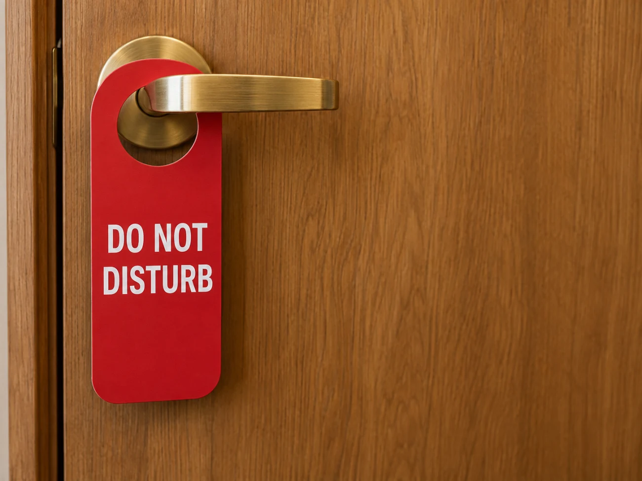 Original red Do Not Disturb door hanger meme template on a wooden hotel door