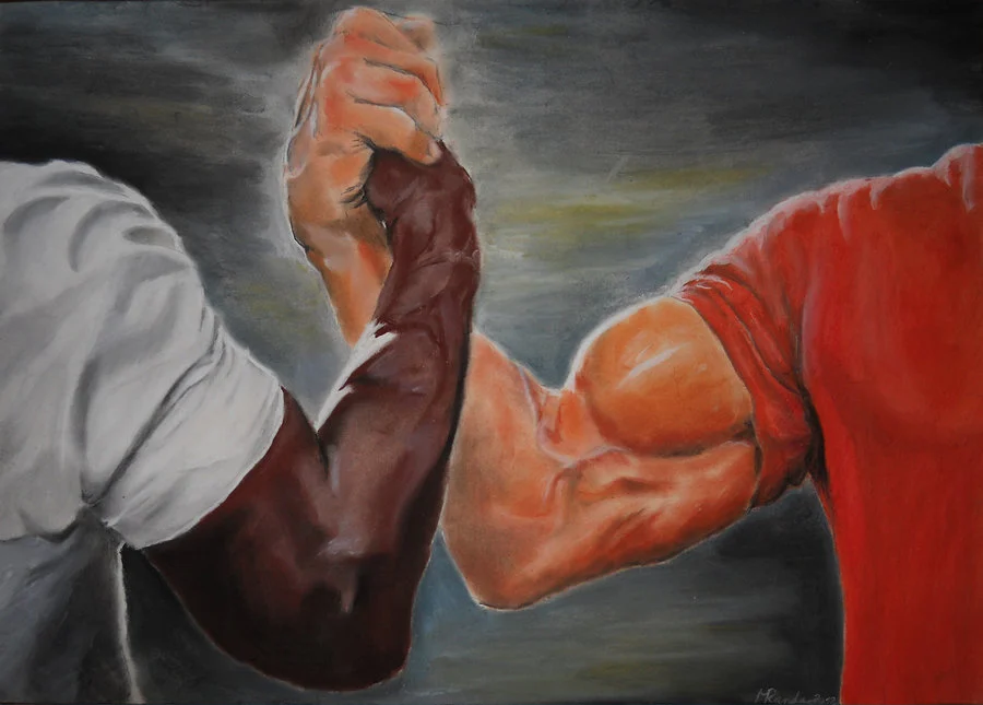 Blank Epic Handshake meme template with two muscular arms clasping hands