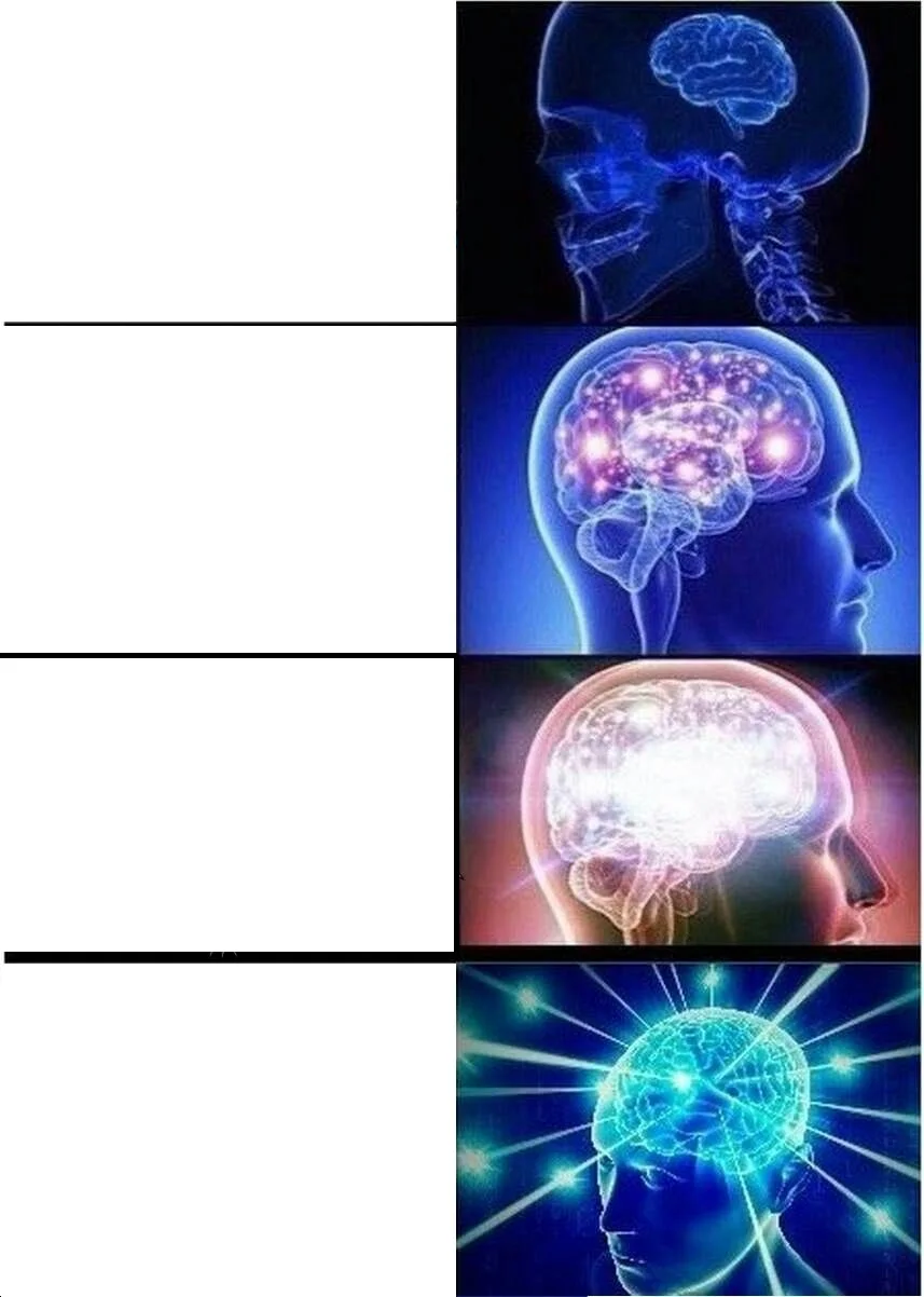 Blank four-panel Expanding Brain meme template with increasing cosmic energy