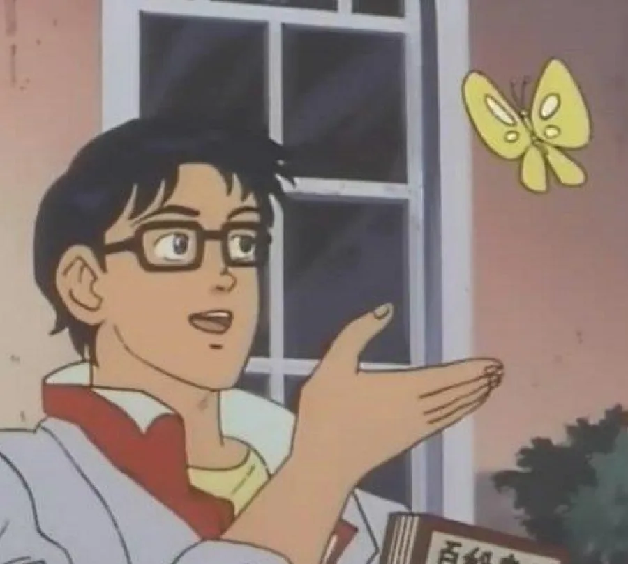 Blank Is This a Pigeon anime meme template with a man pointing at a butterfly