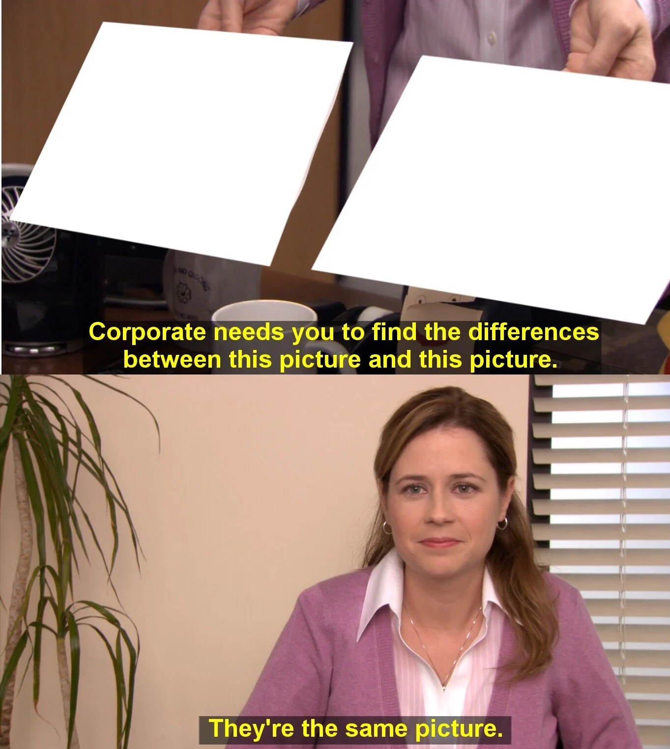 They're the Same Picture meme template from The Office with two blank cards